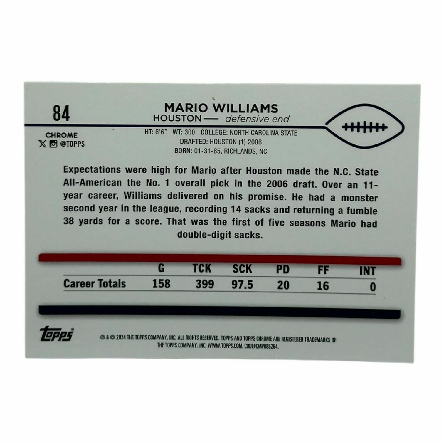 Mario Williams 2024 Topps Chrome Football Checkerboard Silver Holo Trading Card