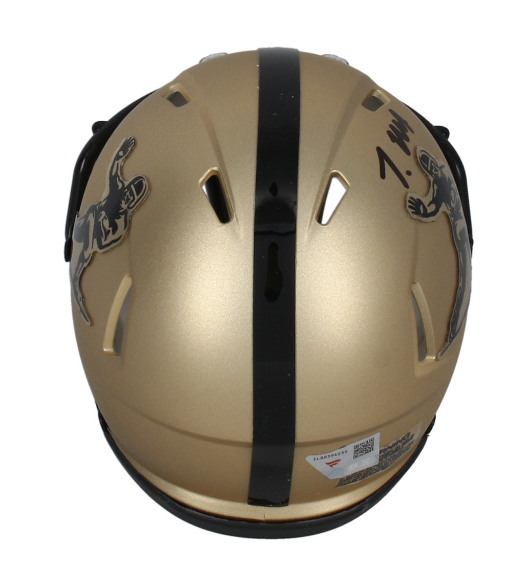Travis Hunter Autographed Gold Heisman Trophy Logo Speed Mini Helmet Fanatics