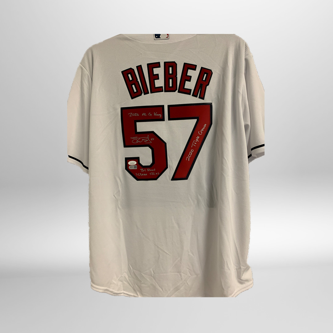 Shane Bieber Signed "2020 TC / CY" White Indians Majestic Jersey
