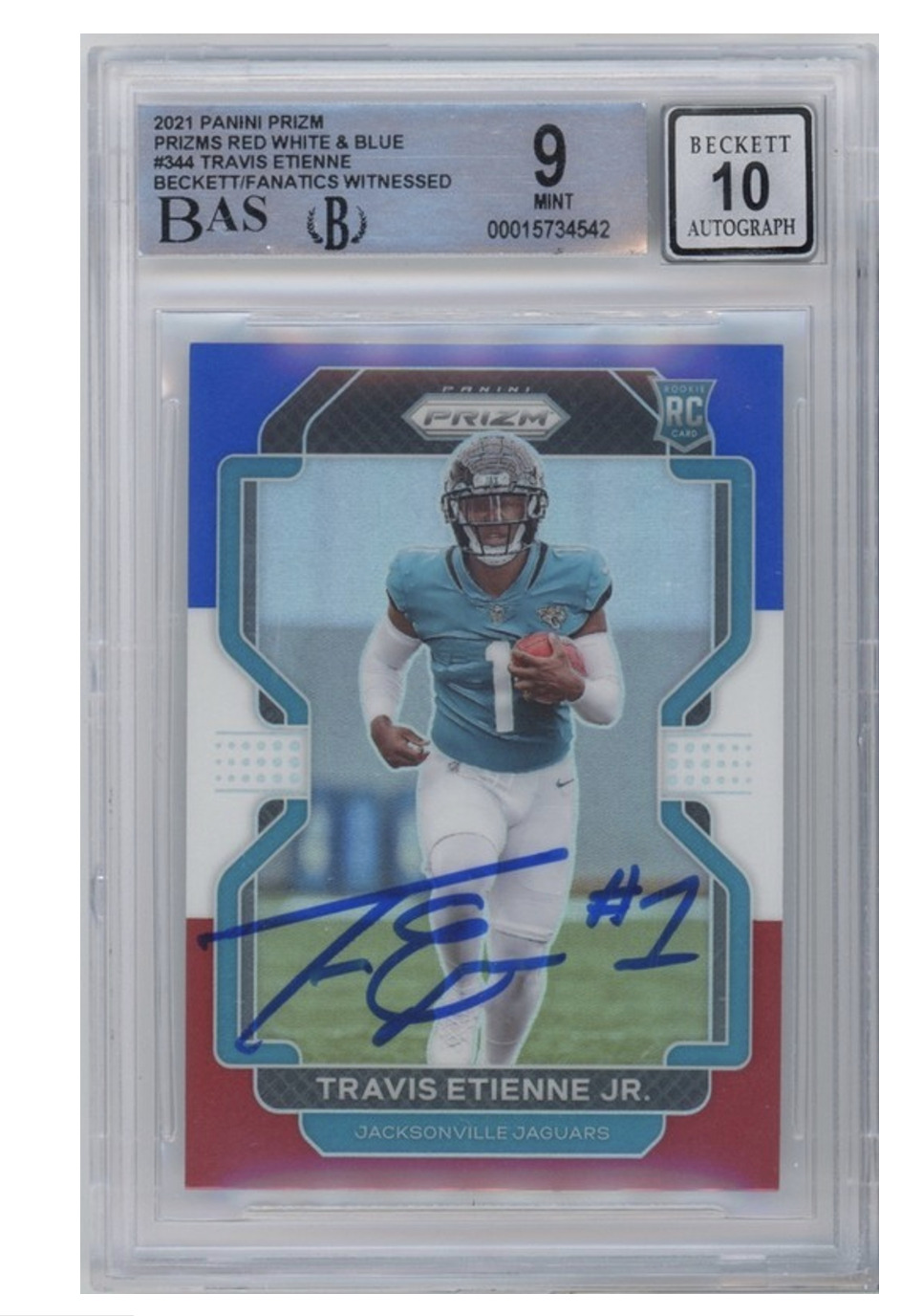 Travis Etienne Autographed 2021 Panini Prizm RC Card #344 RWB Beckett 10