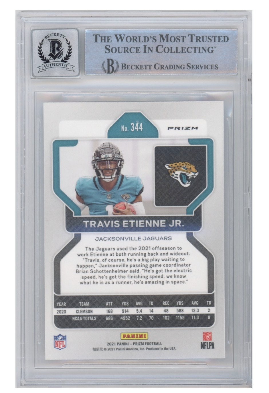 Travis Etienne Autographed 2021 Panini Prizm RC Card #344 RWB Beckett 10