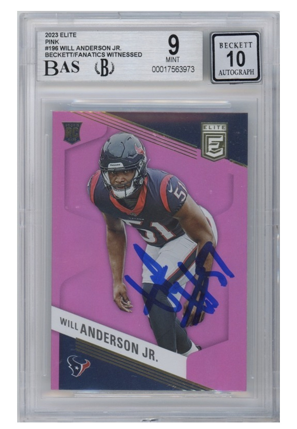 Will Anderson Jr. Autographed 2023 Donruss Elite RC Card #196 Texans Beckett 10