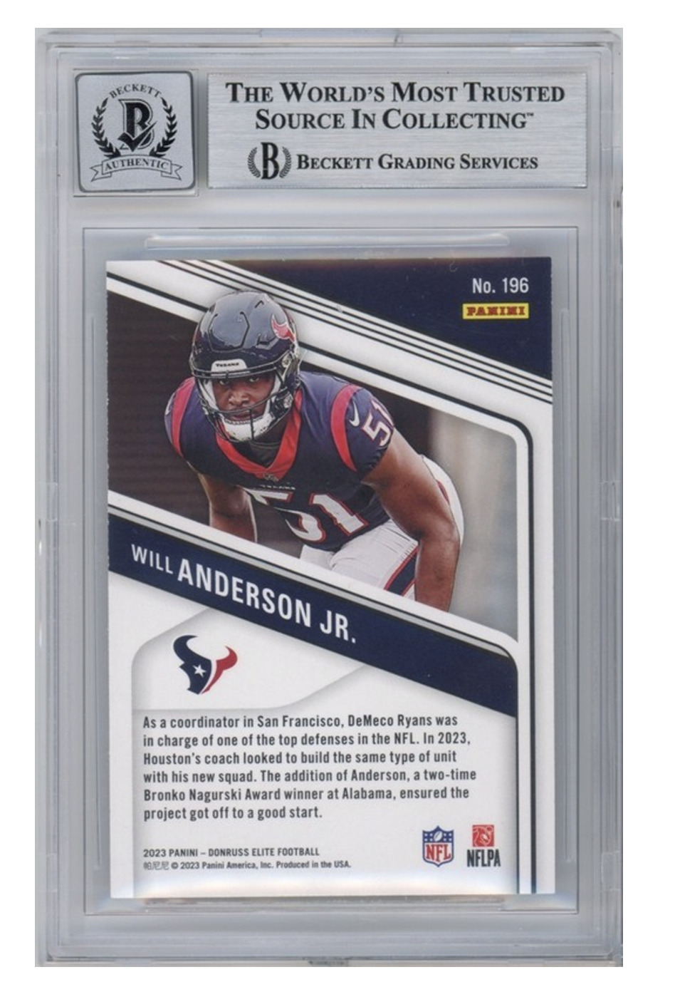 Will Anderson Jr. Autographed 2023 Donruss Elite RC Card #196 Texans Beckett 10