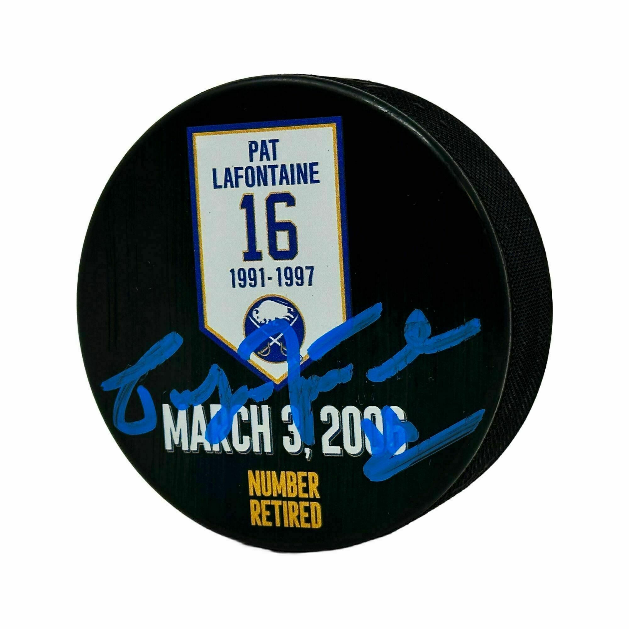 Pat LaFontaine signed Retirement Banner Puck