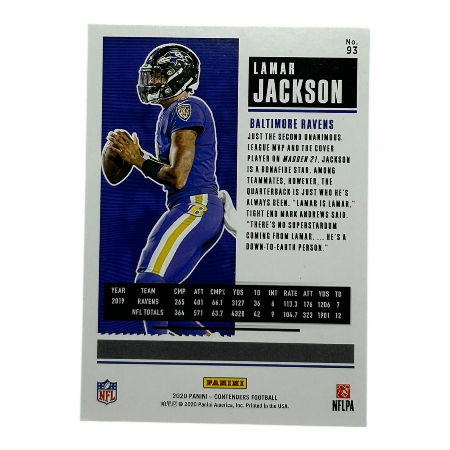 Lamar Jackson 2020 Panini Contenders Football Season Ticket Trading Card