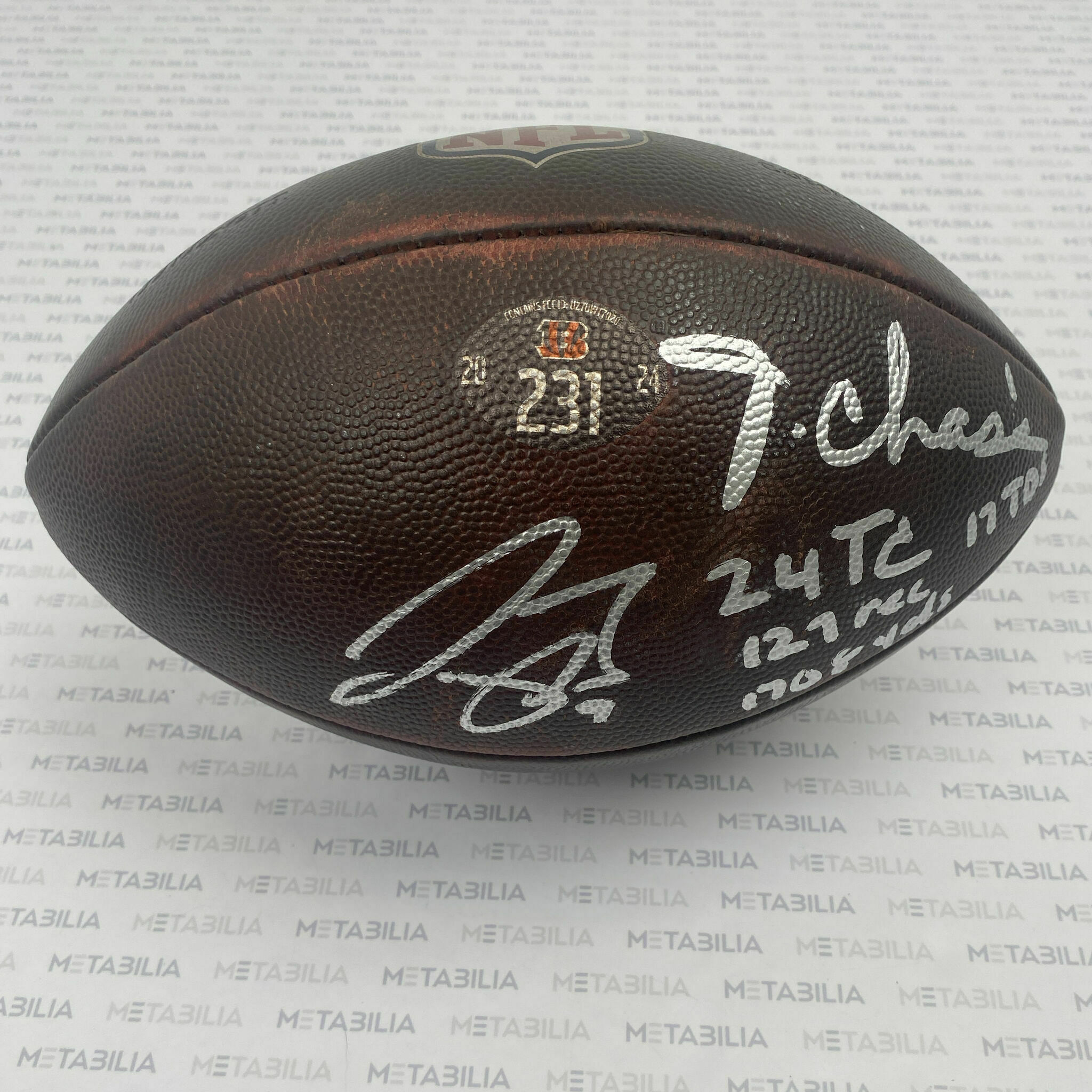 #1 Chase & #9 Burrow Dual Signed & Inscribed Photomatched Game-Used Ball #231 vs Chargers