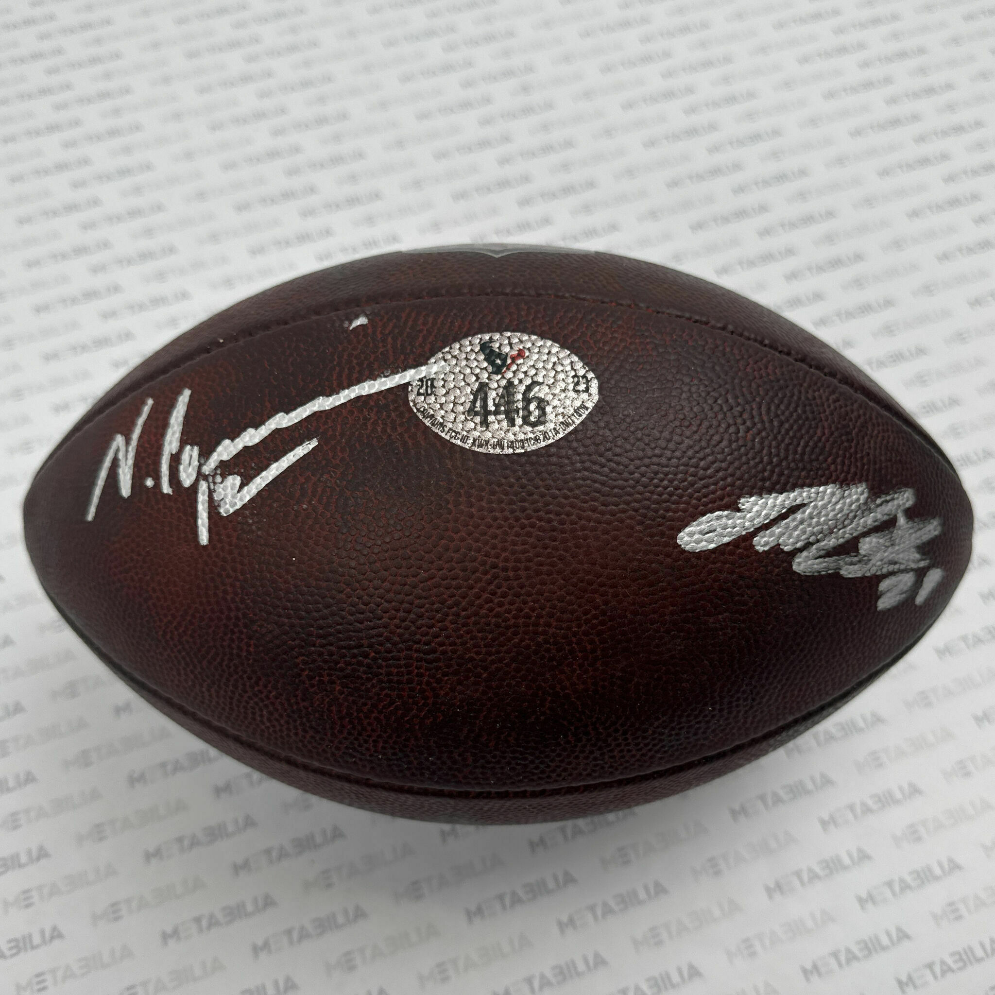 #12 Nico Collins & #28 Joe Mixon Dual Signed Game-Used Ball #446 - 2023-2024 Season