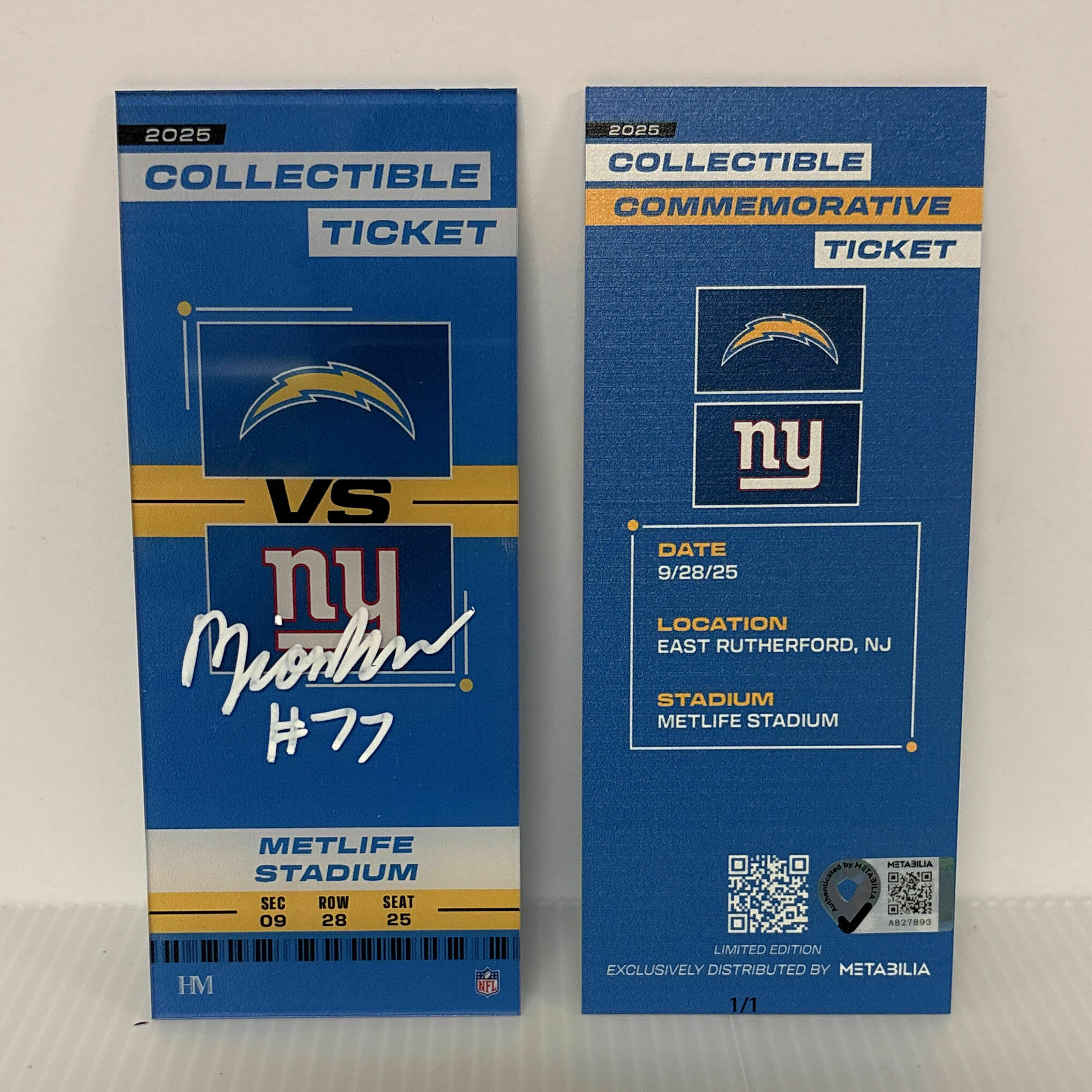 1/1 Zion Johnson Signed Commemorative Ticket - Wk4 vs Giants
