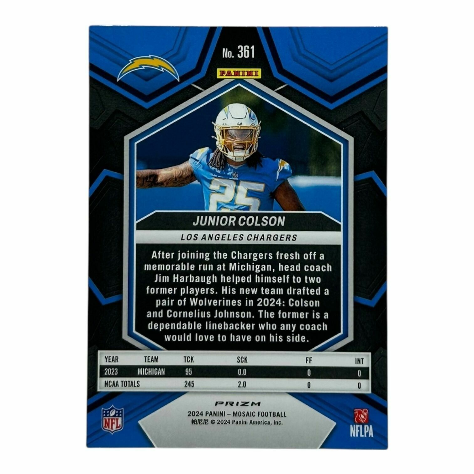 Junior Colson 2024 Panini Mosaic Football Green Mosaic Prizm Rookie Trading Card