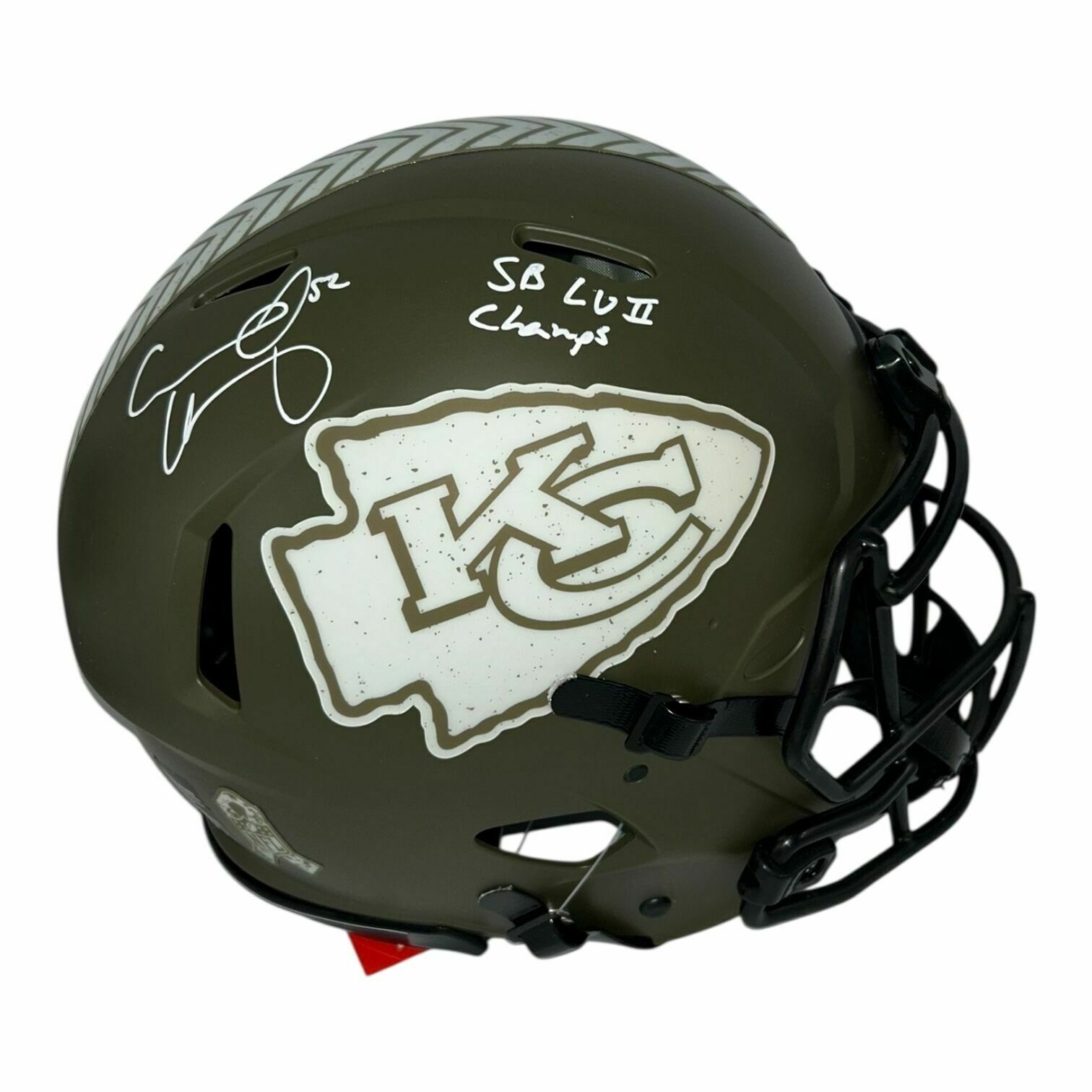 Creed Humphrey Autographed Kansas City Chiefs Salute To Service Army Green Full Size Authentic Helmet With 'SBLVII Champs!' Inscription - Beckett