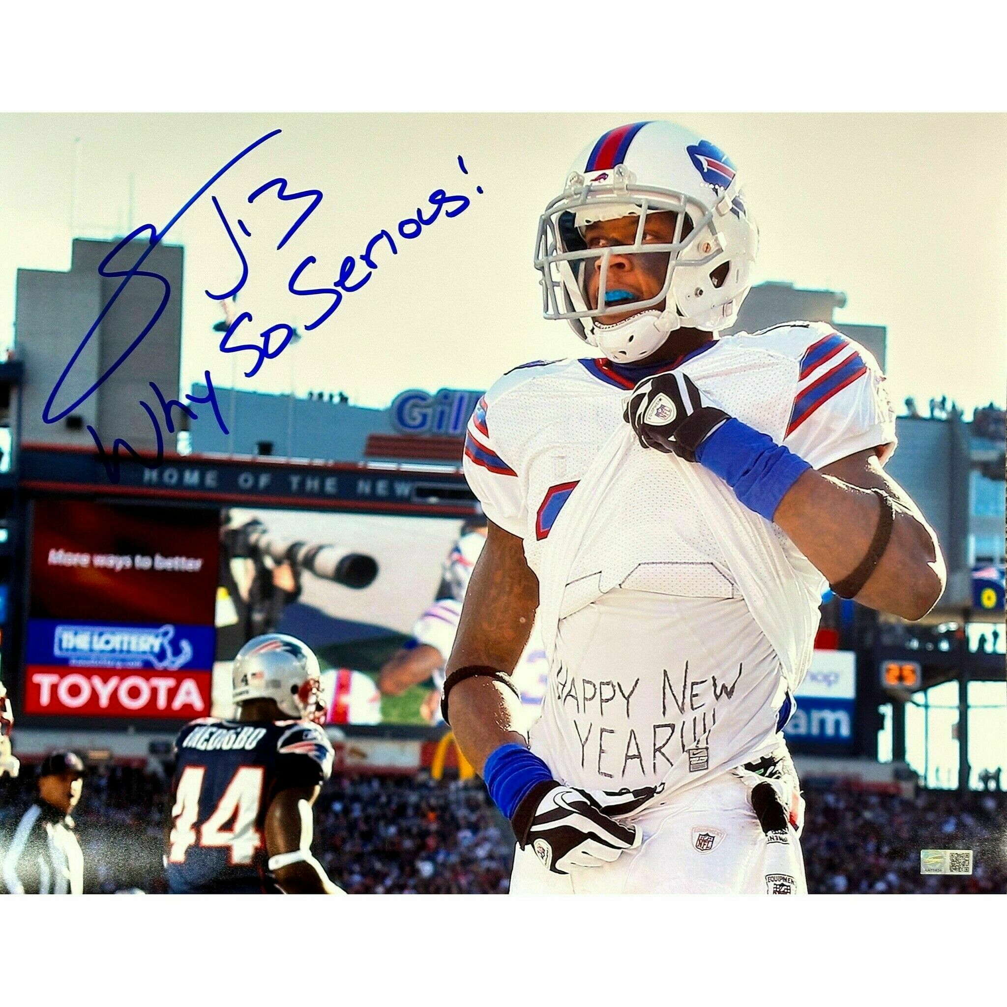 Stevie Johnson Signed Flashing Happy New Shirt Photo with Why So Serious 11x14 Photo