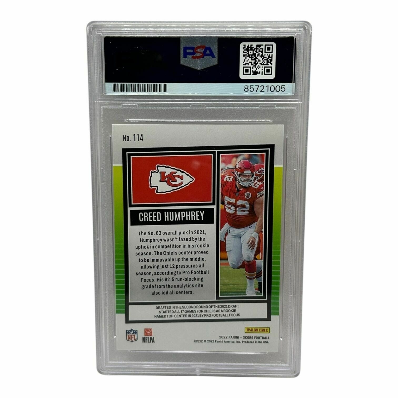 Creed Humphrey 2022 Panini Score Football On-Card Autograph Trading Card - PSA Authentic