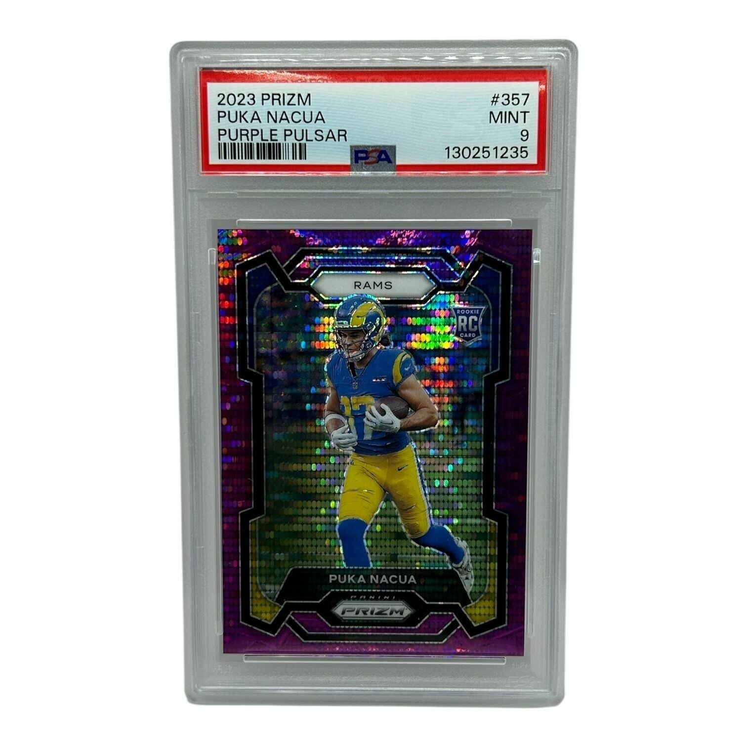 Puka Nacua 2023 Panini Prizm Football Purple Pulsar Prizm Rookie Trading Card - PSA Grade 9 Mint