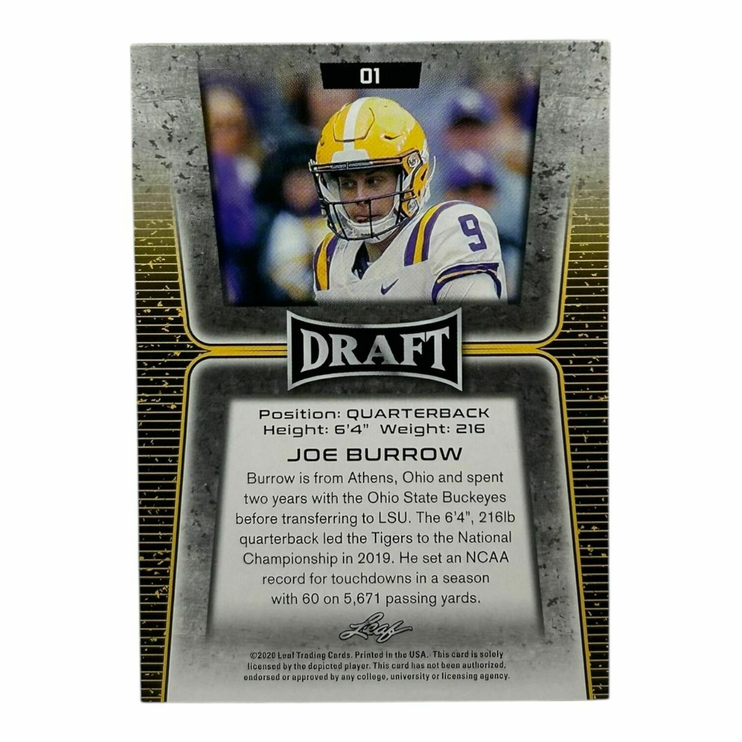 Joe Burrow 2019 Leaf Draft Football Rookie Trading Card