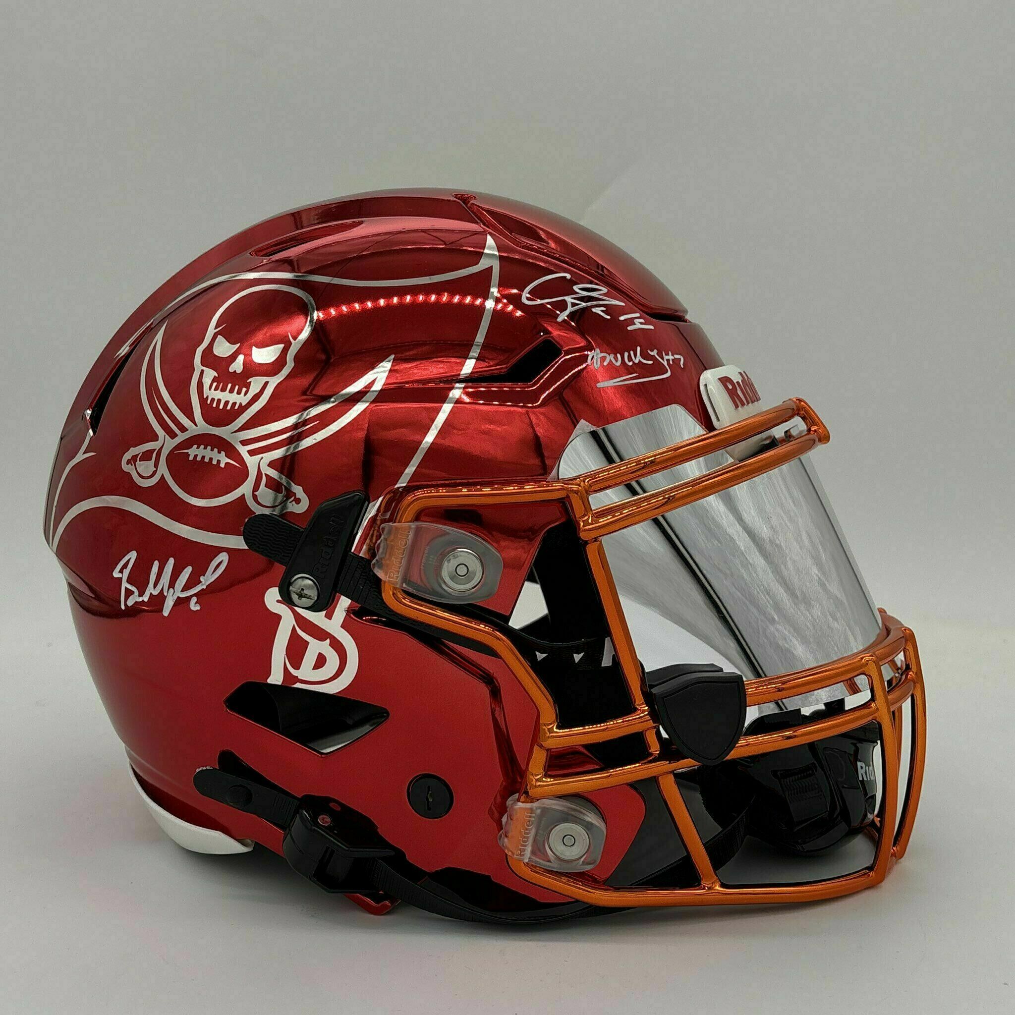 RARE - Mayfield, Godwin, Irving TRIPLE SIGNED Red Chrome Orange Facemask Speedflex