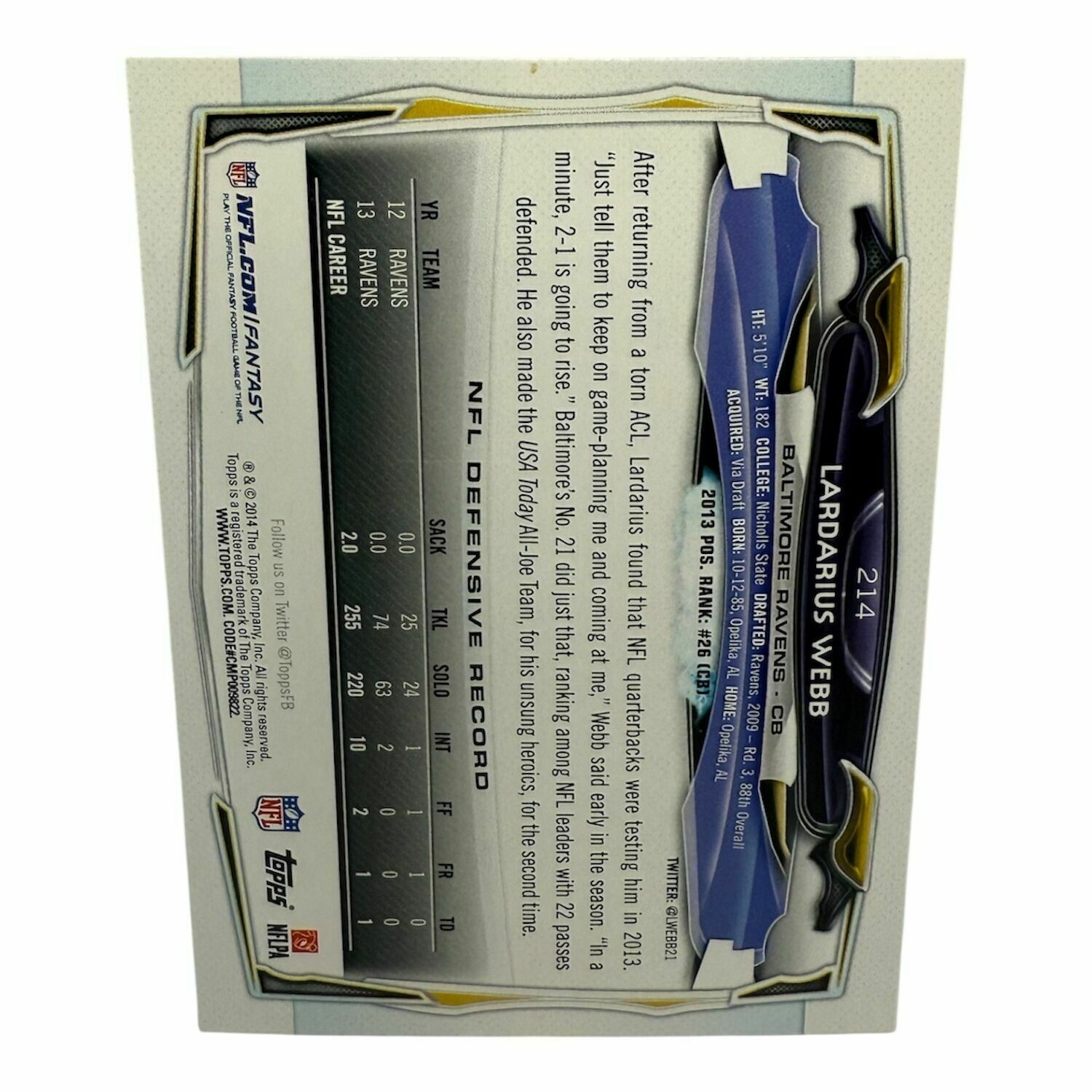 Lardarius Webb 2014 Topps Football On-Card Autographed Trading Card