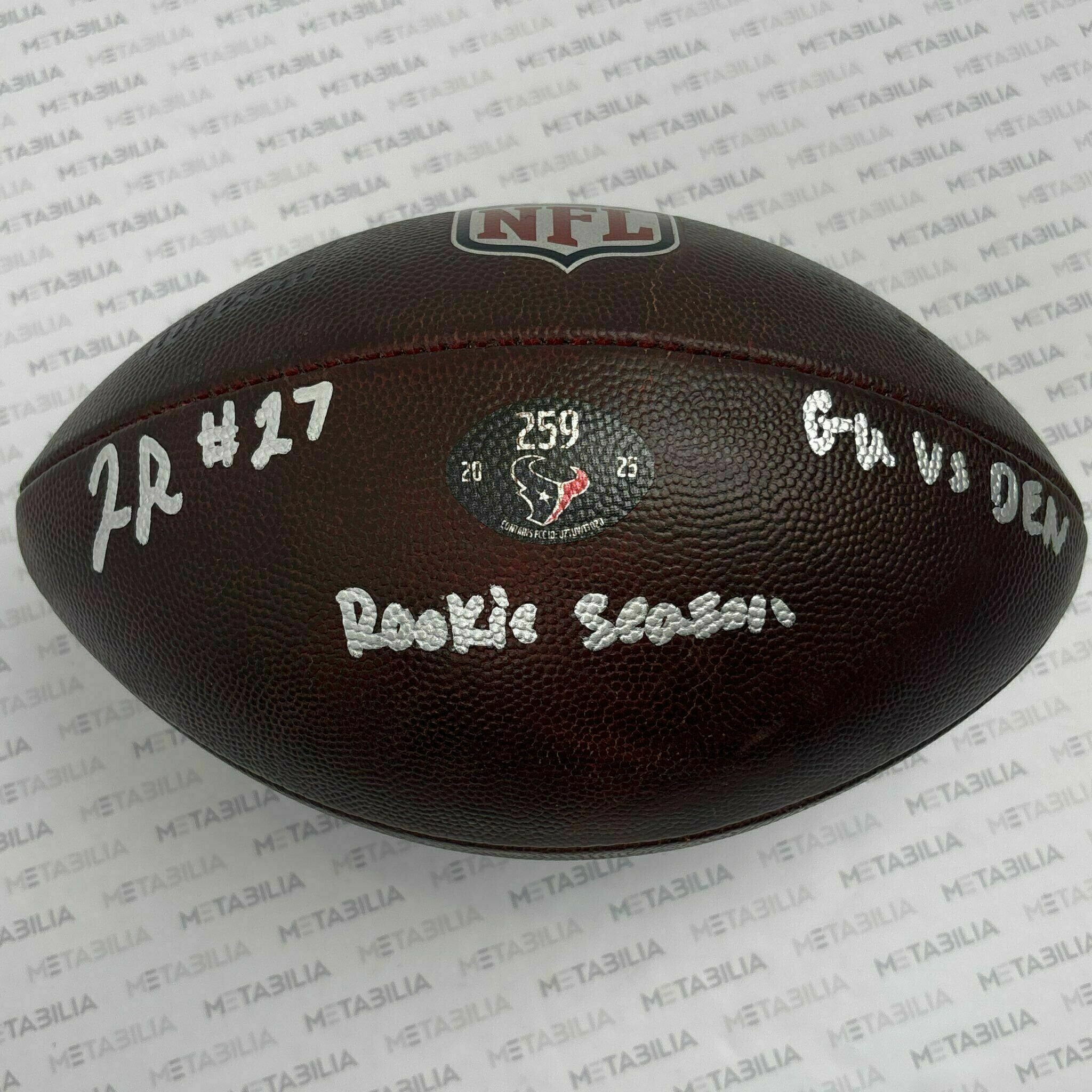 #27 Woody Marks Signed & Inscribed Game-Used Ball #259 vs Broncos