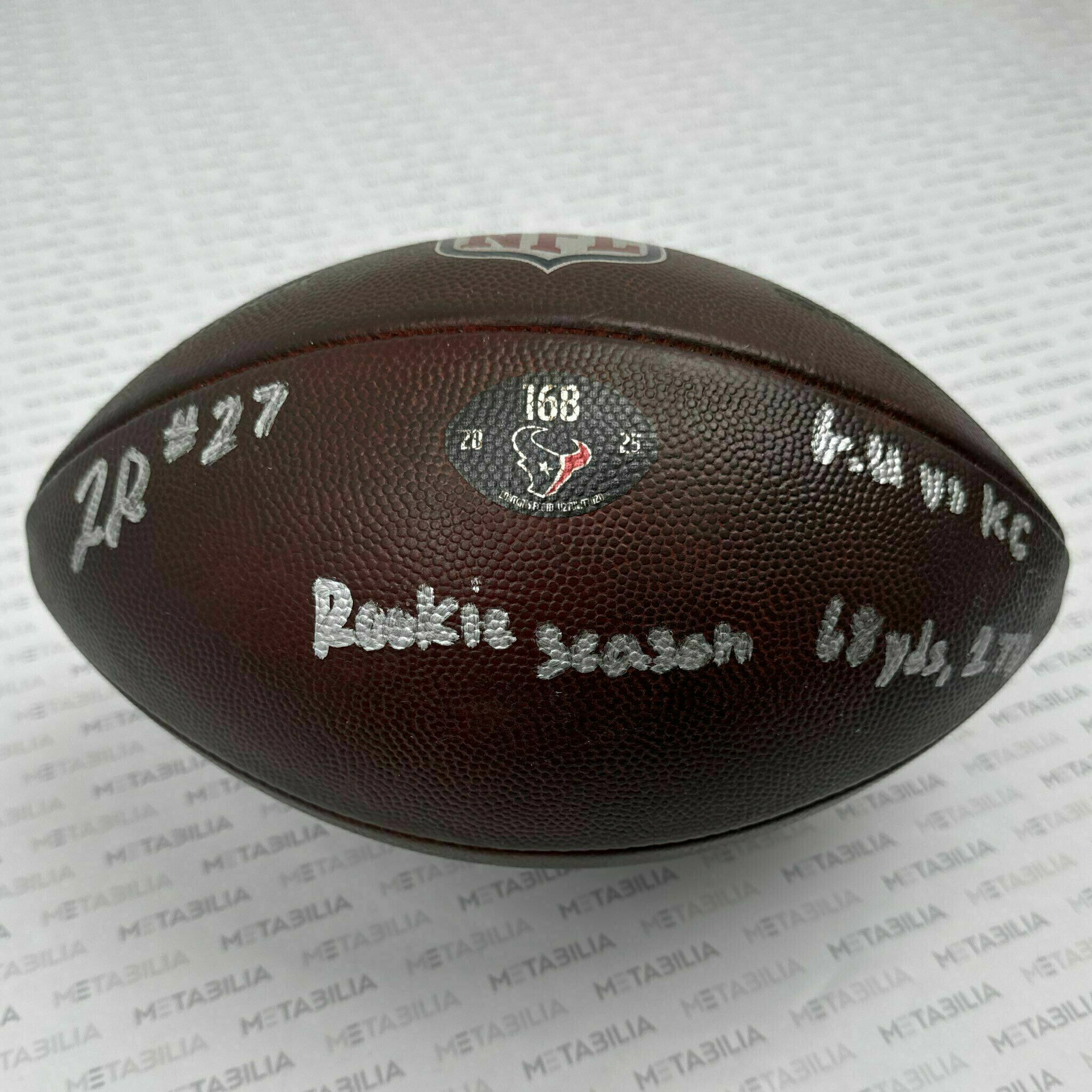 #27 Woody Marks Signed & Inscribed Game-Used Ball #168 vs Chiefs