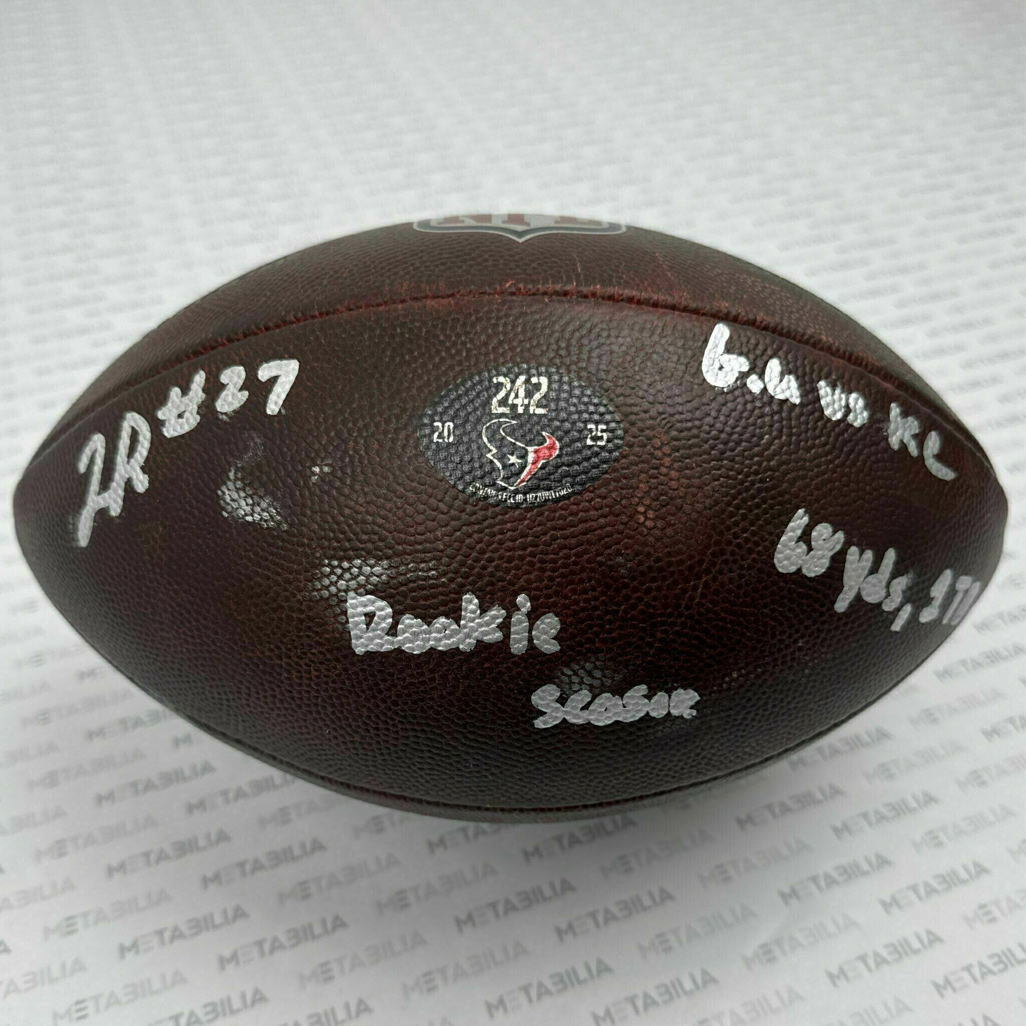 #27 Woody Marks Signed & Inscribed Game-Used Ball #242 vs Chiefs