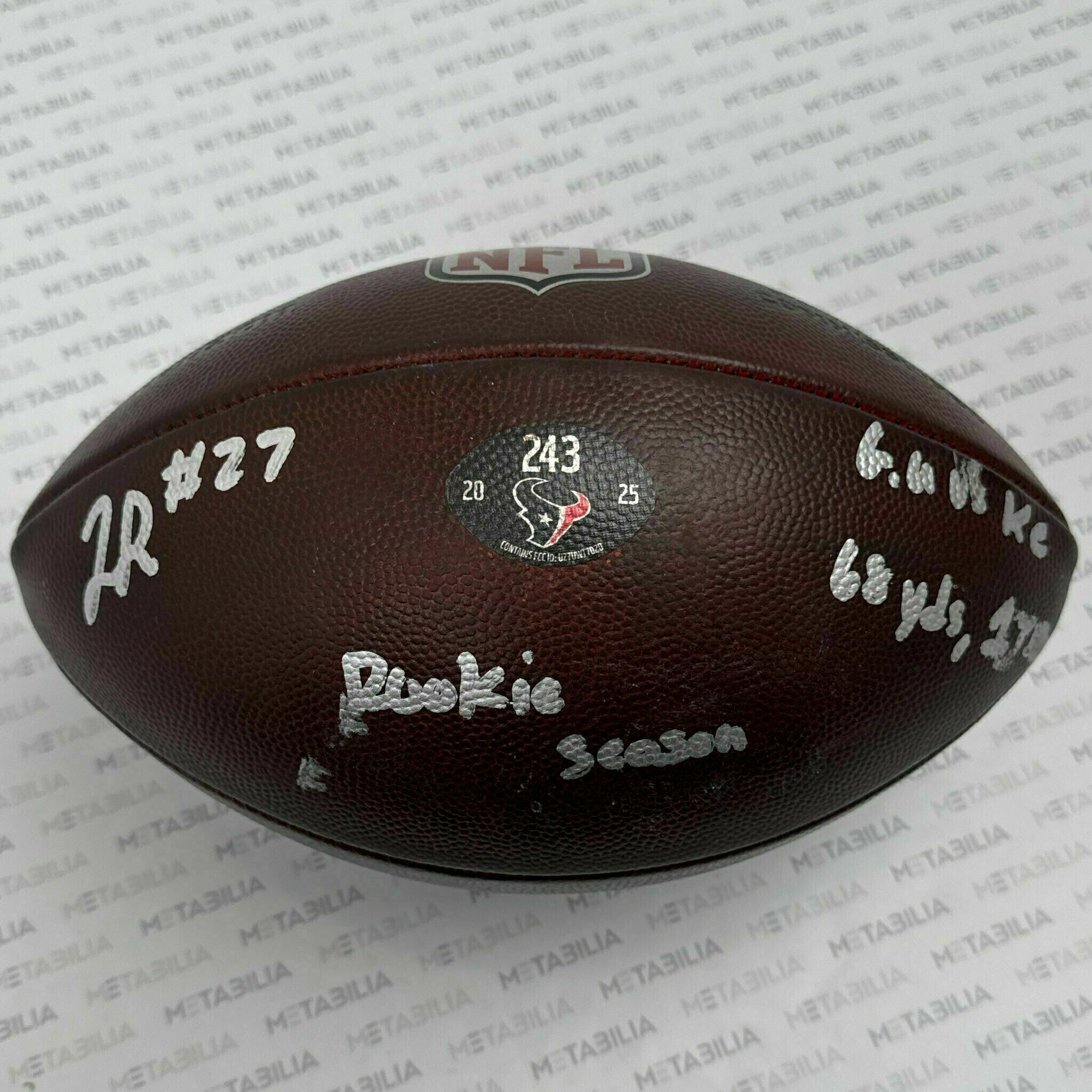 #27 Woody Marks Signed & Inscribed Game-Used Ball #243 vs Chiefs