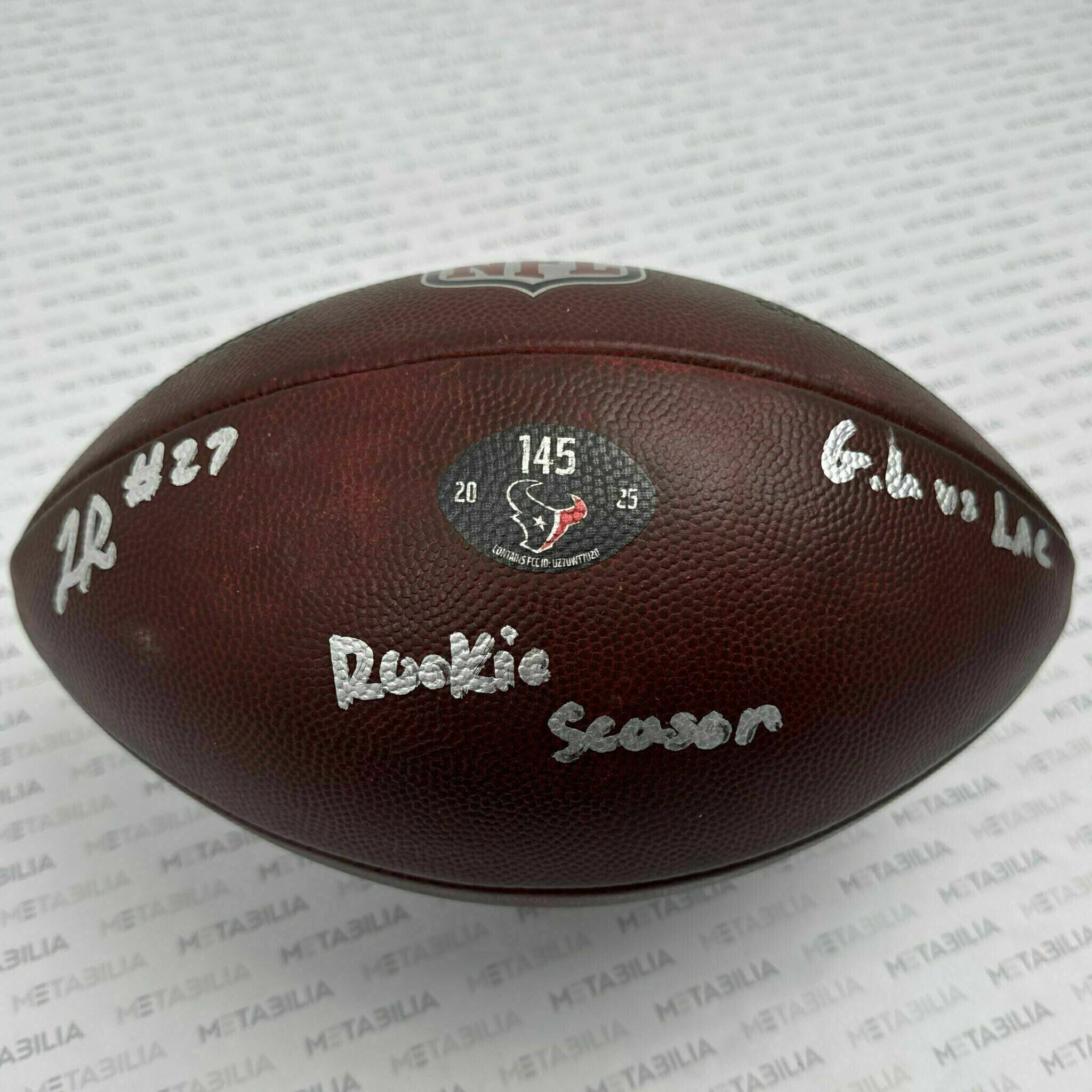 #27 Woody Marks Signed & Inscribed Game-Used Ball #145 vs Chargers