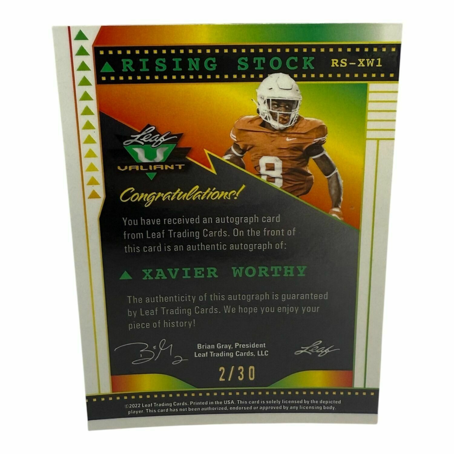Xavier Worthy 2022 Leaf Valiant Rising Stock Autograph Trading Card /30