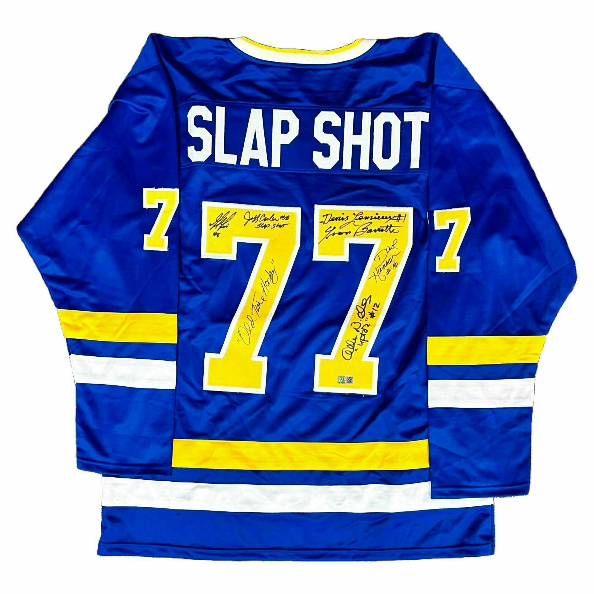 Slap Shot Multi Signed Pro-Style Blue Hockey Jersey