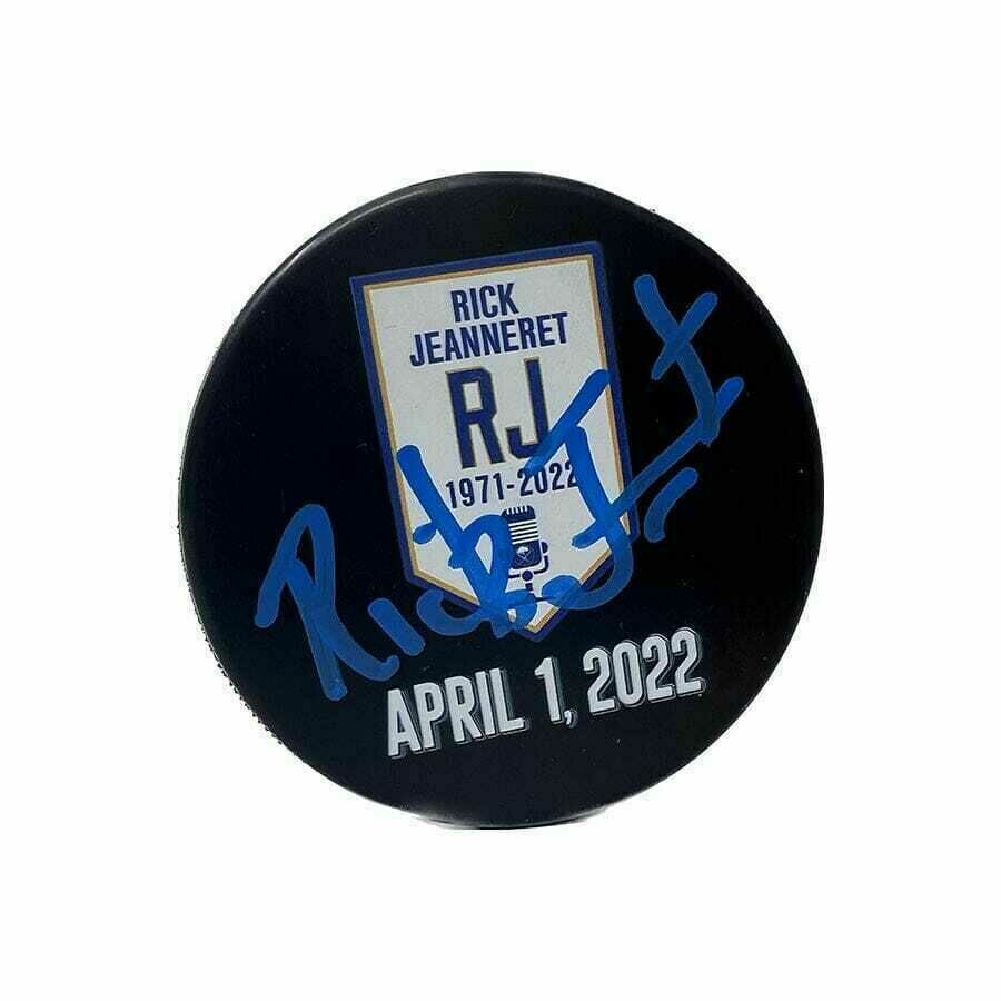Rick Jeanneret Signed Buffalo Sabres Retirement Banner Hockey Puck