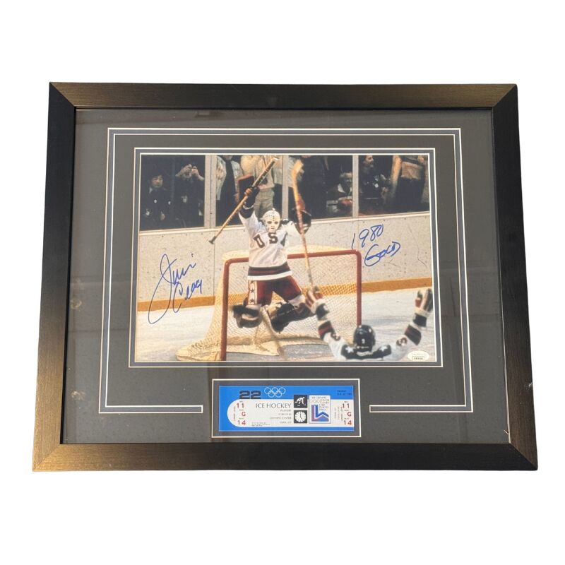 Jim Craig Signed 1980 Miracle Win Celebration 11x14 Photo Inscribed "1980 Gold" with Replica Ticket Professionally Framed