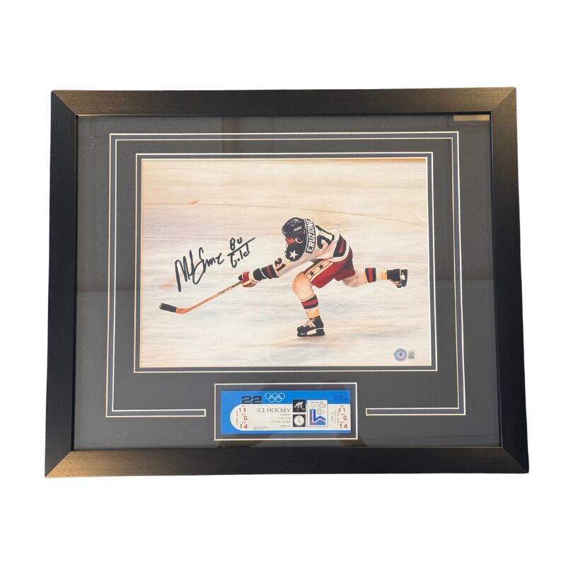 Mike Eruzione Signed Olympic Hockey Team 11x14 Photo Inscribed "1980 Gold" with Replica Ticket Professionally Framed