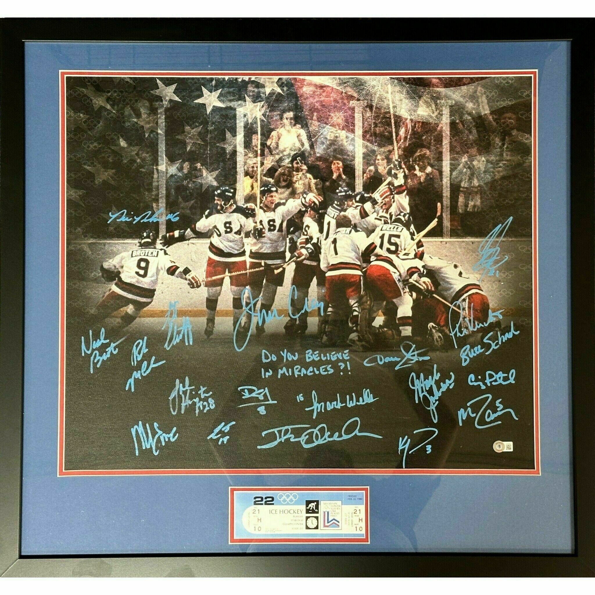 Team USA 1980 Miracle on Ice Celebration Signed 16x20 Photo with Replica Ticket w/ "Do You Believe In Miracles?"- Professionally Framed