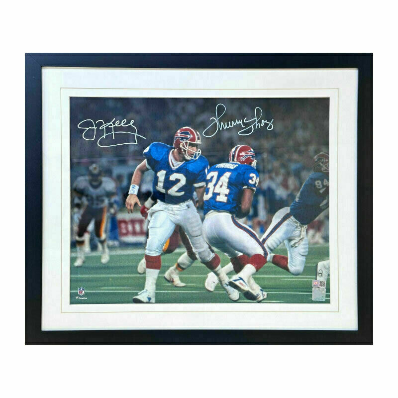 Jim Kelly and Thurman Thomas Dual Signed Handoff Spotlight 16x20 Photo Professionally Framed