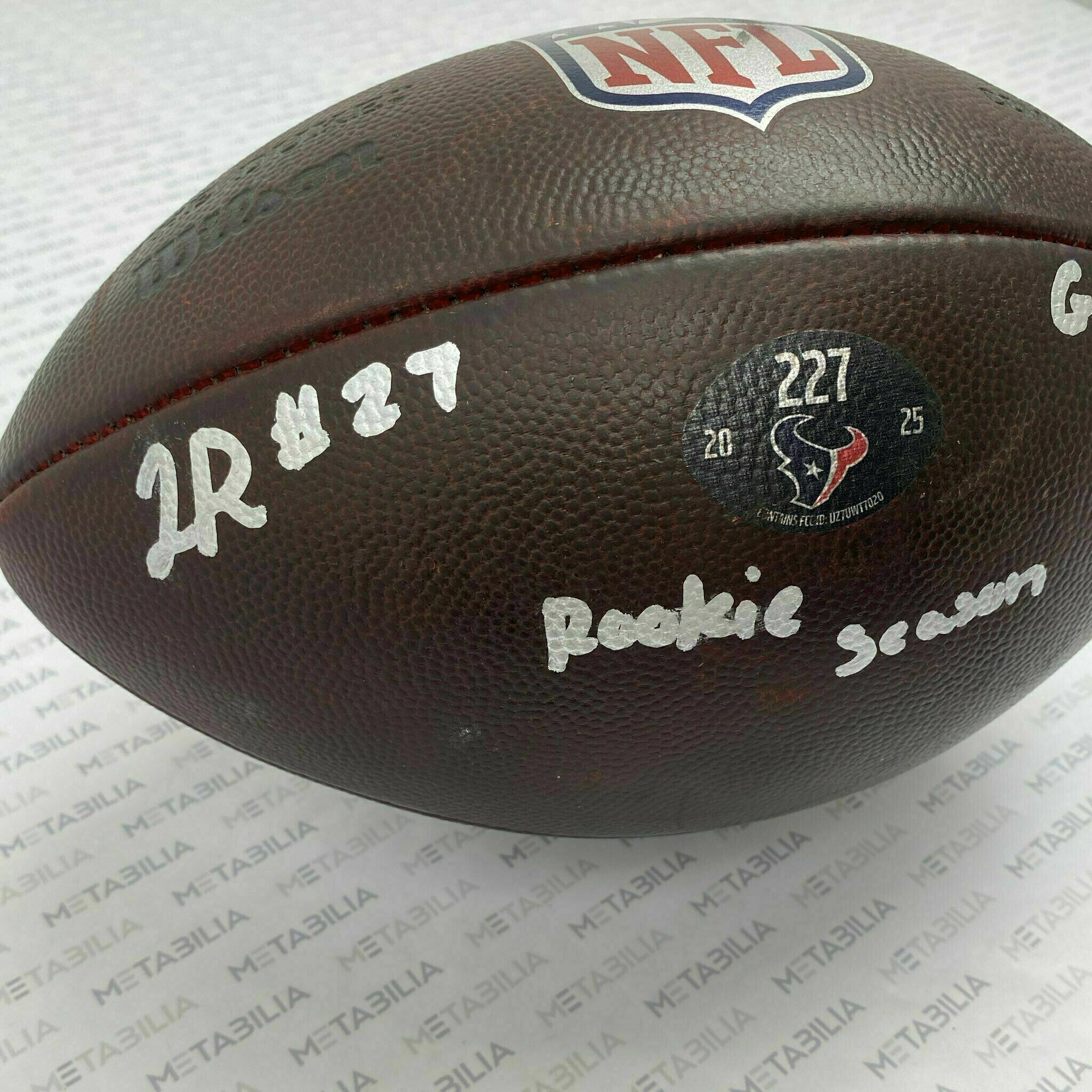 #27 Woody Marks Signed & Inscribed Game-Used Ball #227 vs Jaguars