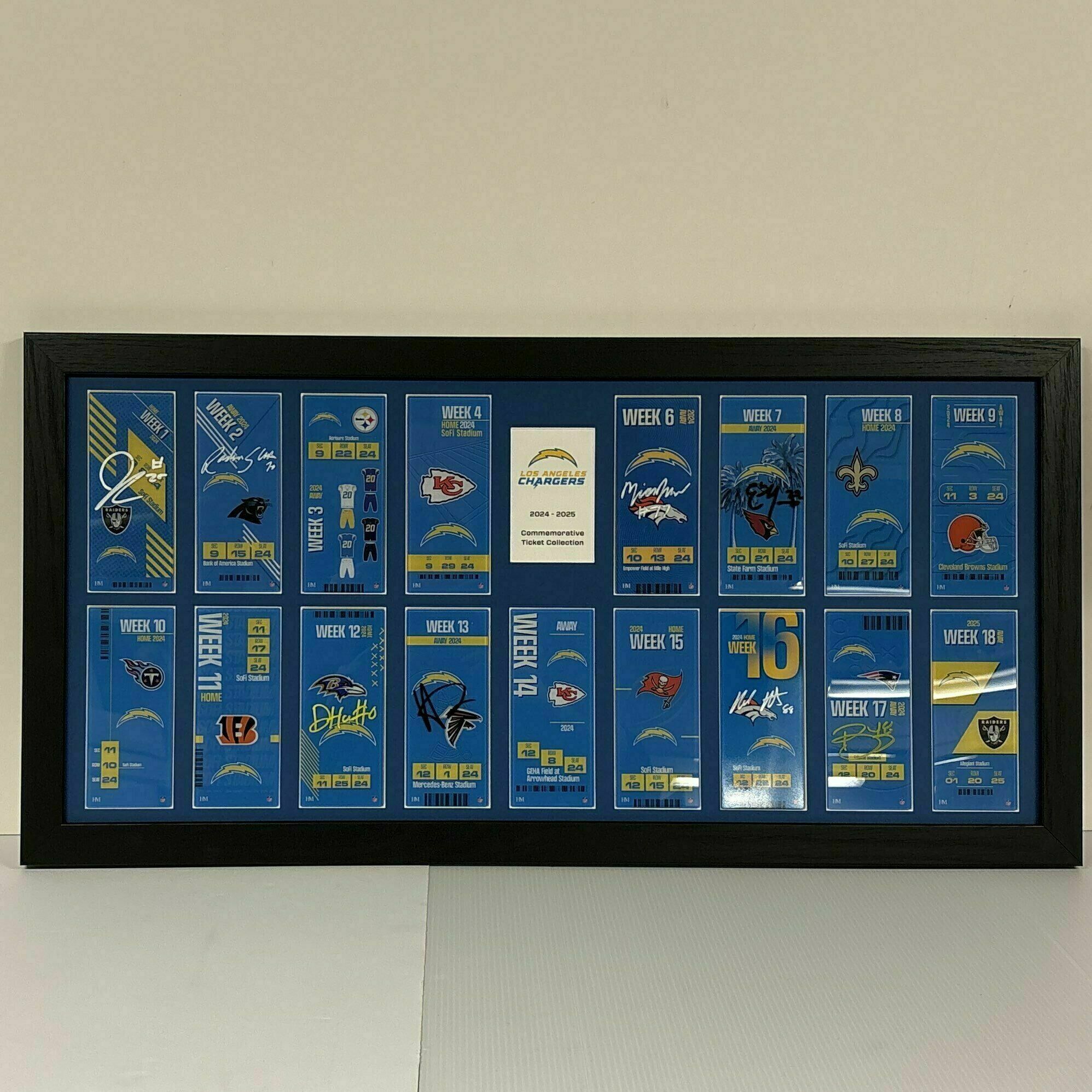 COMPLETED Chargers Commemorative Ticket Frame 2024-2025 w/ 8 Player Signed Tickets