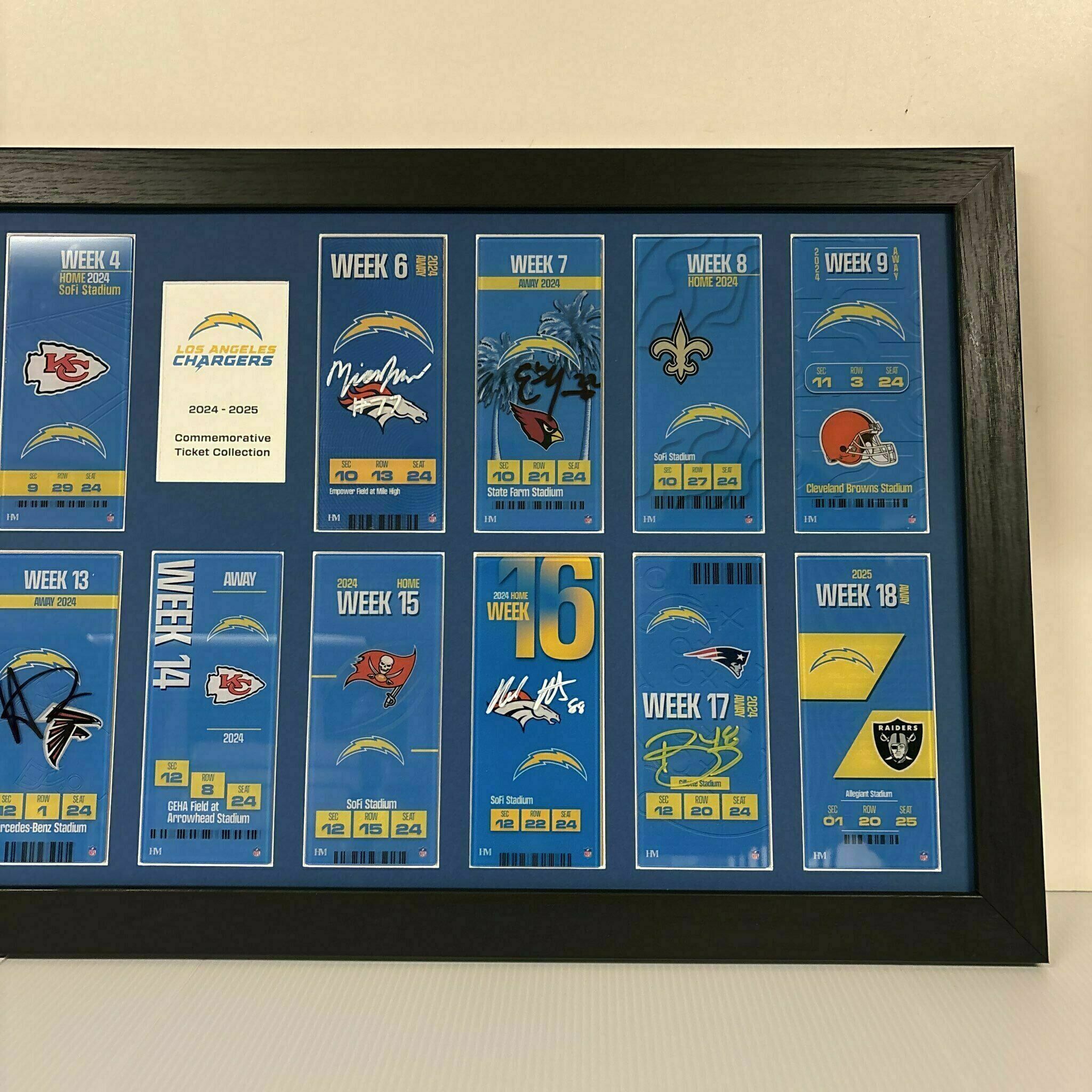 COMPLETED Chargers Commemorative Ticket Frame 2024-2025 w/ 8 Player Signed Tickets