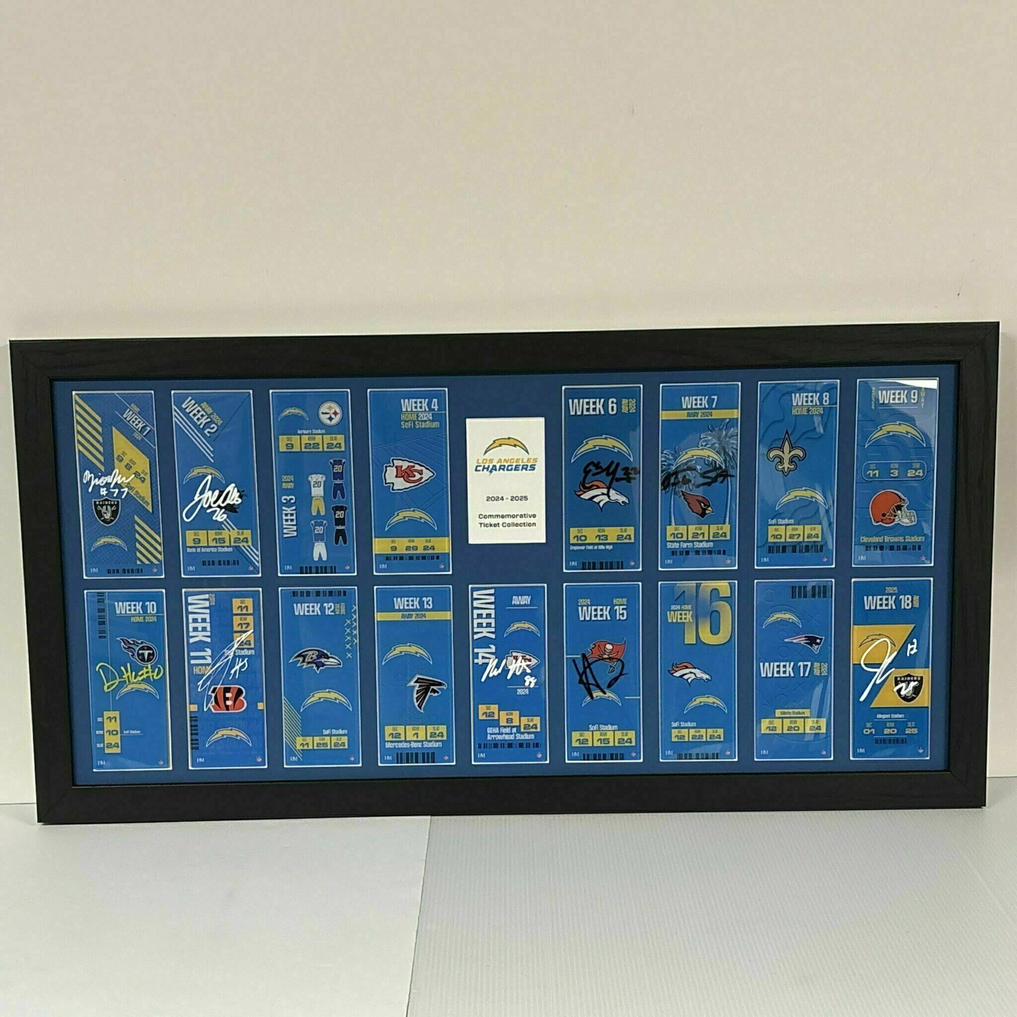 COMPLETED Chargers Commemorative Ticket Frame 2024-2025 w/ 9 Player Signed Tickets