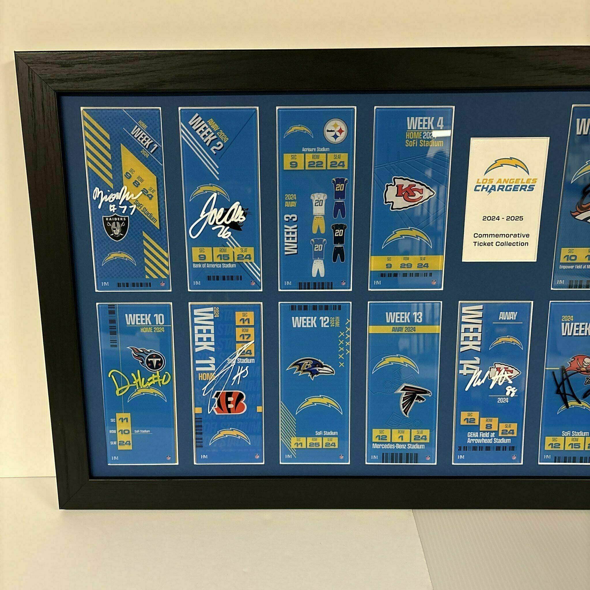 COMPLETED Chargers Commemorative Ticket Frame 2024-2025 w/ 9 Player Signed Tickets