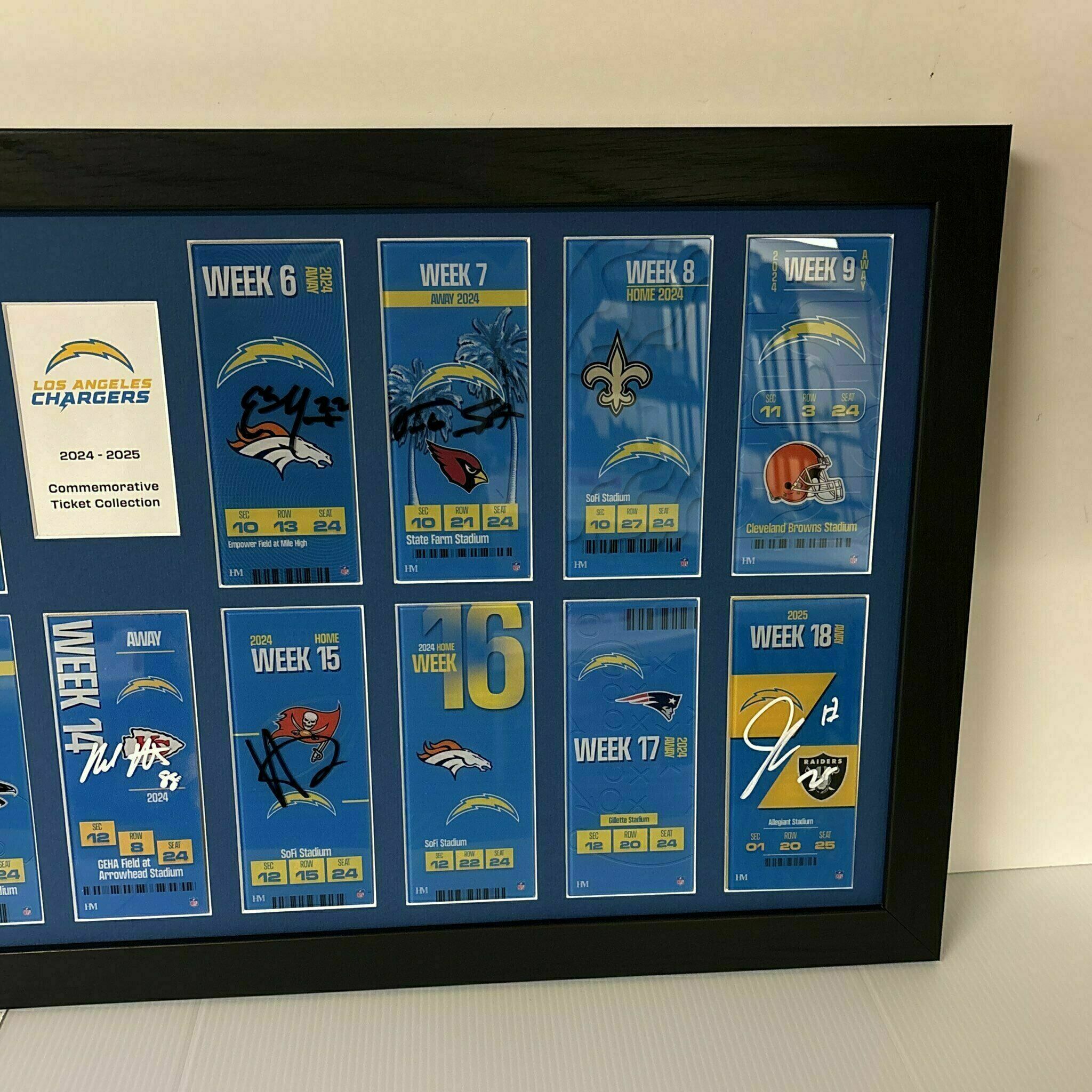 COMPLETED Chargers Commemorative Ticket Frame 2024-2025 w/ 9 Player Signed Tickets