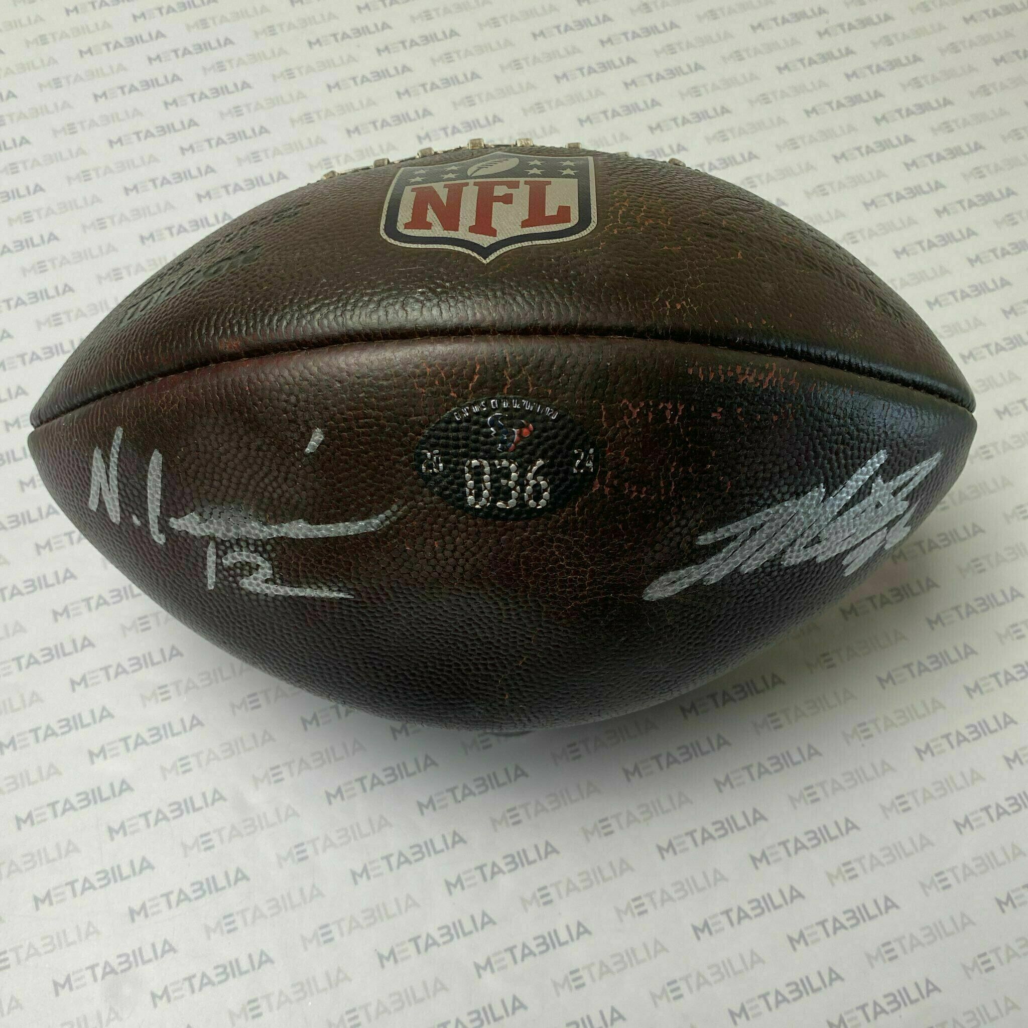 #12 Nico Collins & #28 Joe Mixon Dual Signed Game-Used Ball #036 From 2024-2025 Season