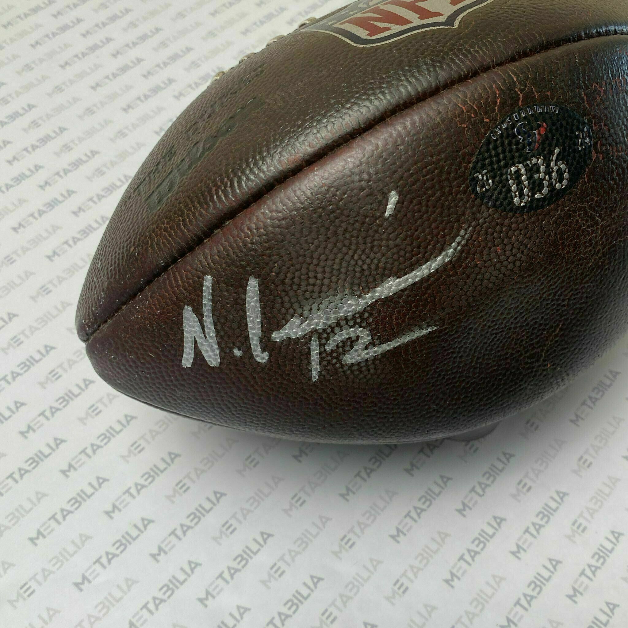 #12 Nico Collins & #28 Joe Mixon Dual Signed Game-Used Ball #036 From 2024-2025 Season