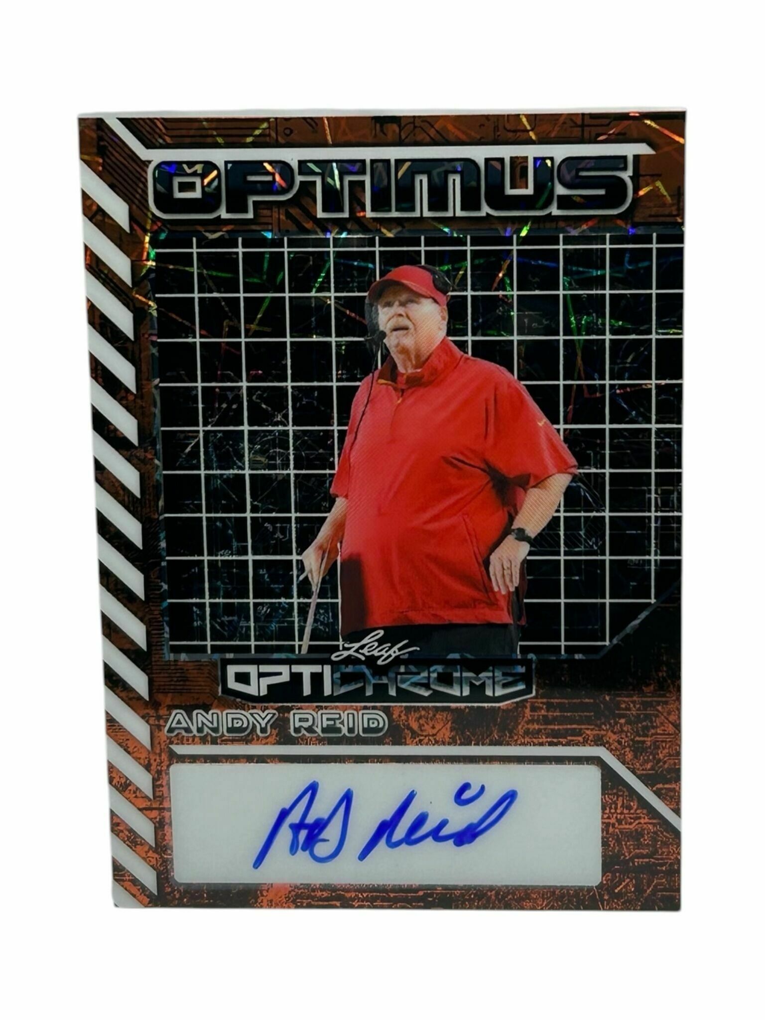 Andy Reid 2025 Leaf Optichrome Football Optimus Orange Lazer Prizm Limited 1/1 Autograph Trading Card