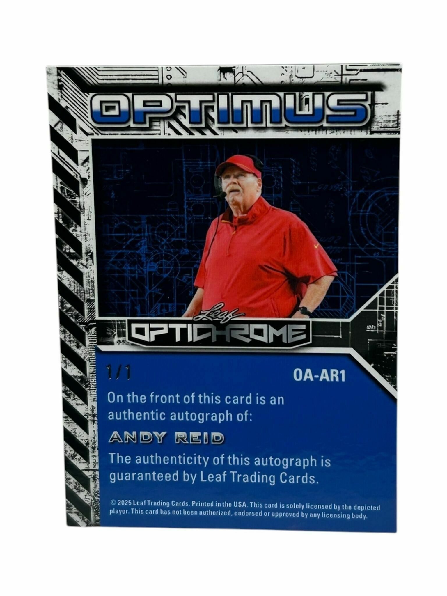Andy Reid 2025 Leaf Optichrome Football Optimus Orange Lazer Prizm Limited 1/1 Autograph Trading Card