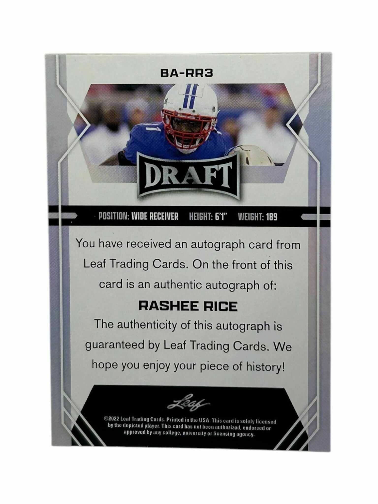 Rashee Rice 2022 Leaf Draft Football Silver Rookie Autograph Trading Card