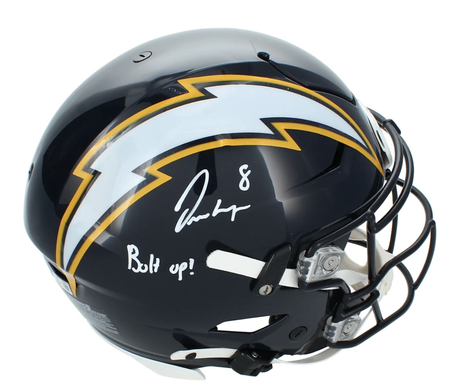 Omarion Hampton Autographed & Inscribed "BOLT UP!" Los Angeles Chargers Navy 2025 Alternate Speedflex Authentic Helmet Beckett