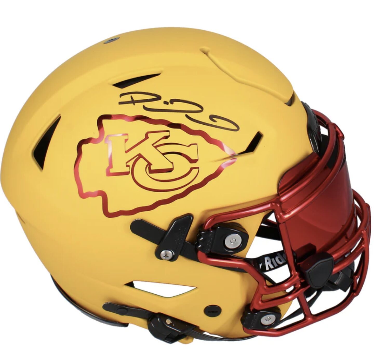 Patrick Mahomes Autographed Kansas City Chiefs Yellow Matte w/ Red Chrome Inlay Visor Speed Flex Authentic Helmet Becket LE 15
