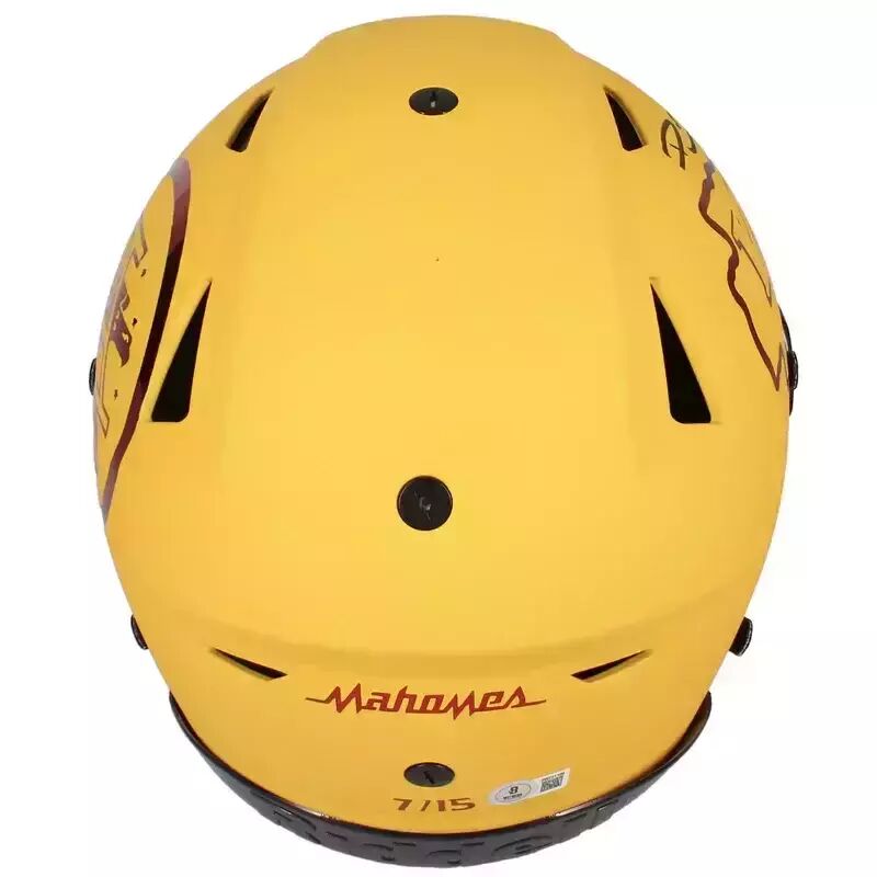 Patrick Mahomes Autographed Kansas City Chiefs Yellow Matte w/ Red Chrome Inlay Visor Speed Flex Authentic Helmet Becket LE 15