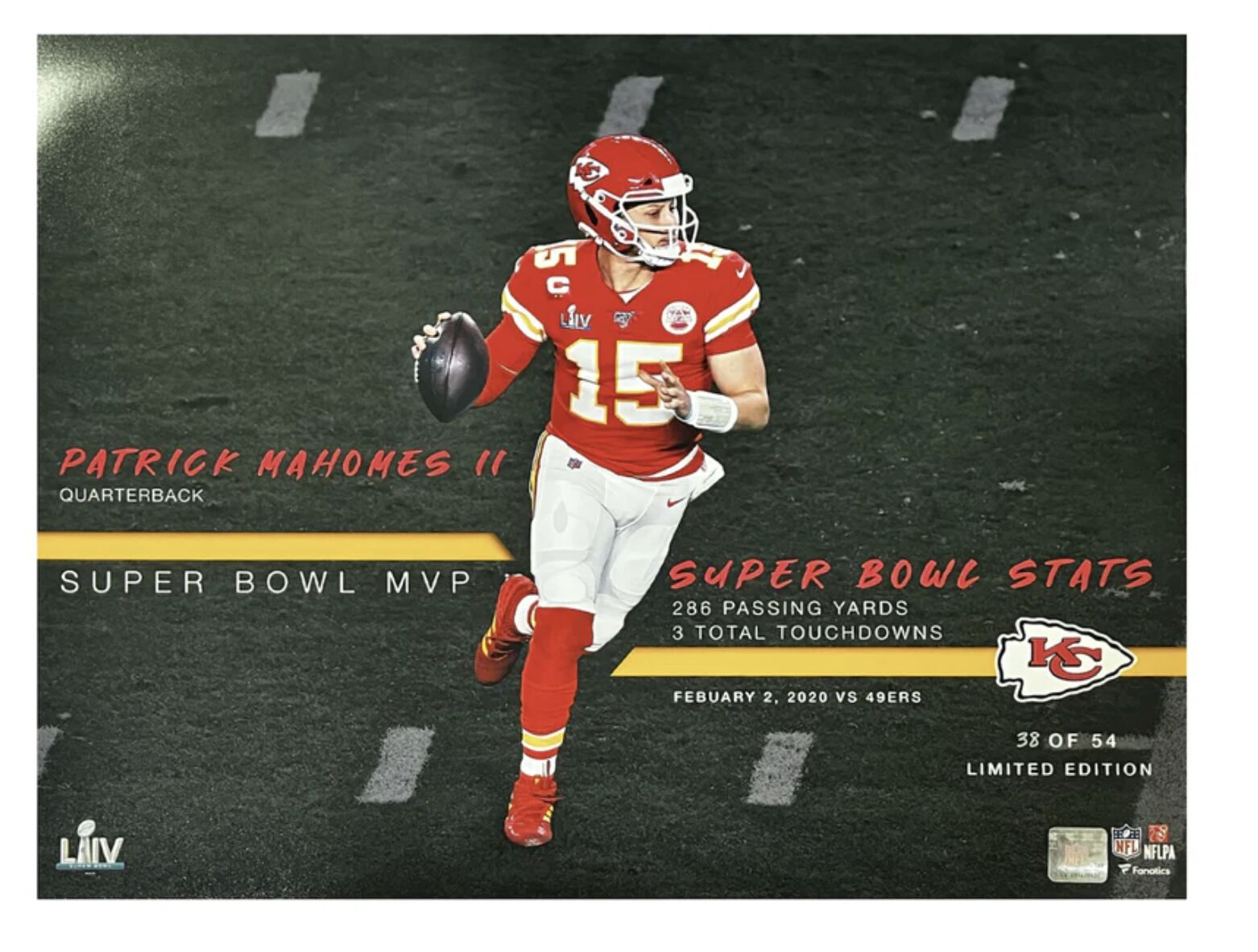Patrick Mahomes Unsigned Chiefs Super Bowl 54 Stat 16" x 20" Photograph LE 54