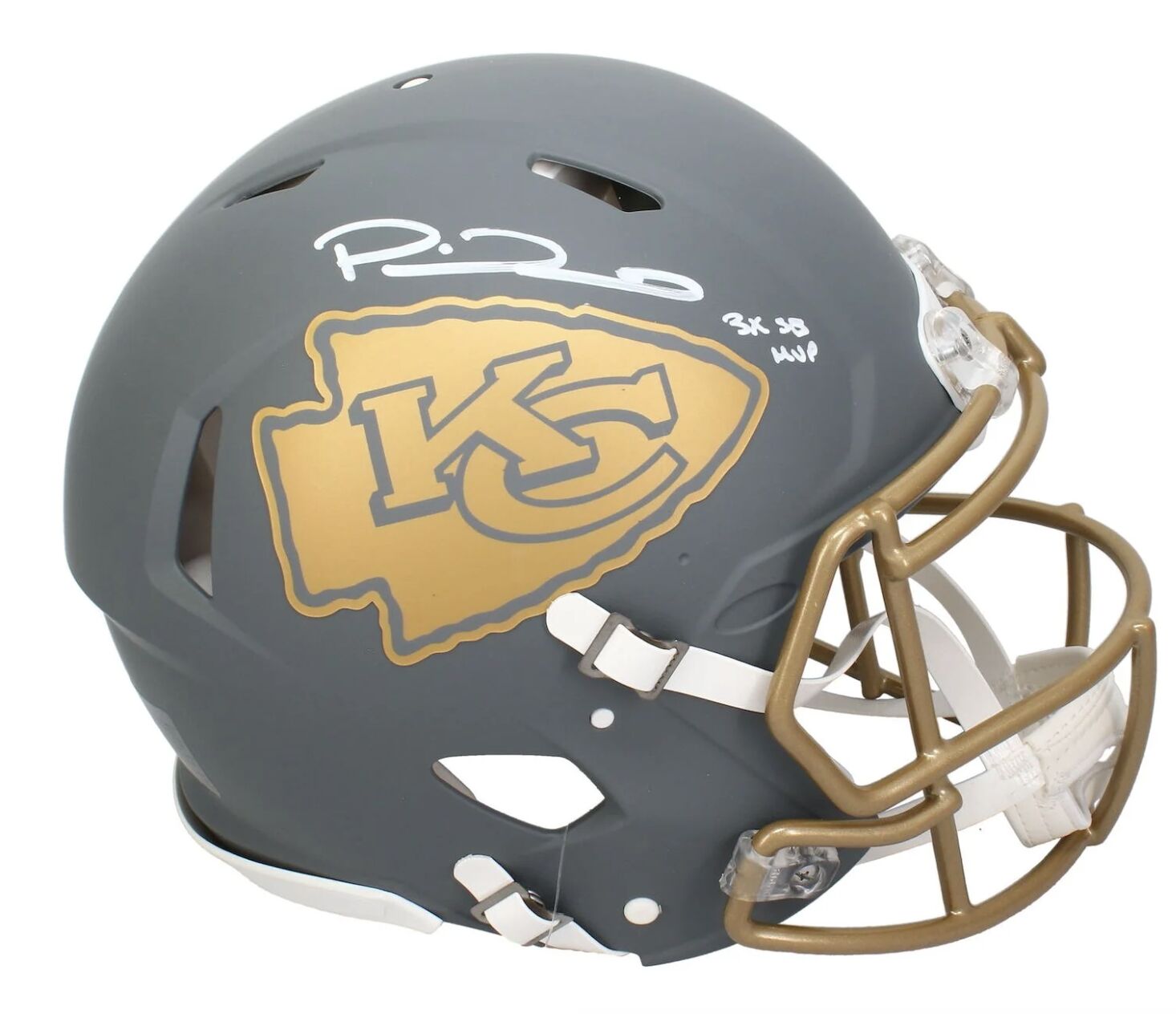Patrick Mahomes Autographed Kansas City Chiefs "3X SB MVP" Slate Authentic Speed Helmet Beckett